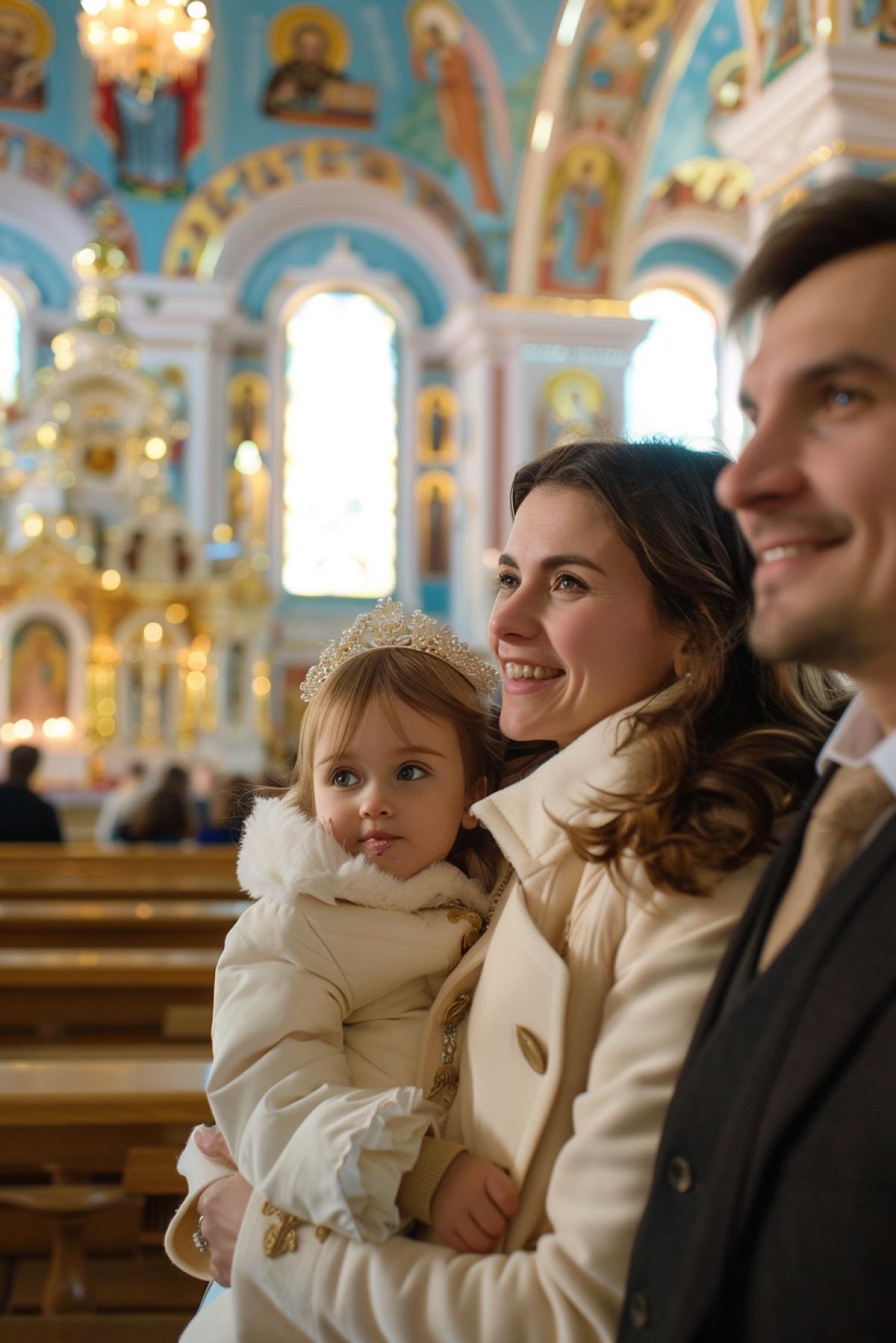 A happy family goes to a Russian church for Easter