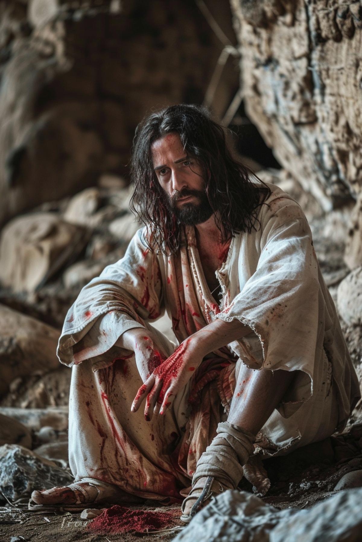Handsome exhausted Jesus Christ immediately after his resurrection having red liquid s on palms and feet sitting near cave detailed photo