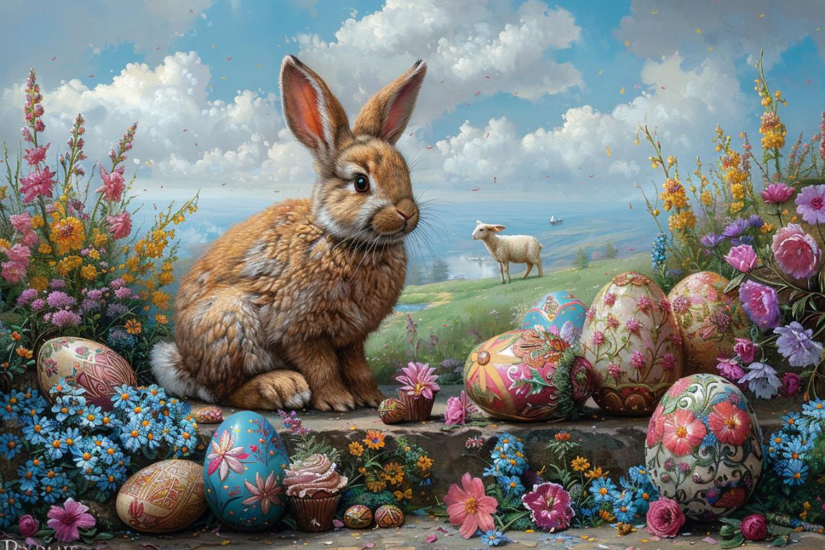 A delightful, festive scene celebrating Easter with vibrant colors and heartwarming symbolism. In the foreground, there is a beautifully decorated Easter egg with intricate, traditional patterns. To the side, a charming Easter bunny is seen hopping with a basket of more eggs, spreading joy. There are also Easter kulichs, cupcakes, and sweets adorned with flowers, creating a delightful spread. In the background, a lamb, symbolizing Christ, is gently grazing in a field. The overall atmosphere is one of happiness, warmth, and the unique spirit of this cherished holiday.