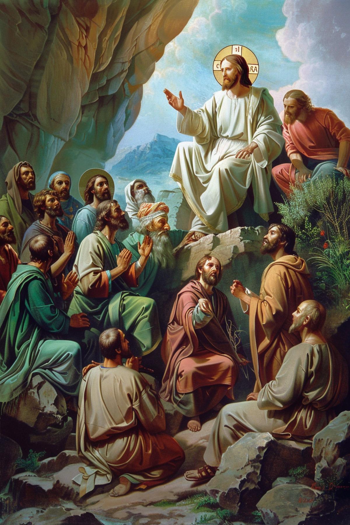 The resurrection of Jesus and the sermon to the disciples on the top of the mountain near the cave, under the mountain there are clouds, Orthodox style, high quality.