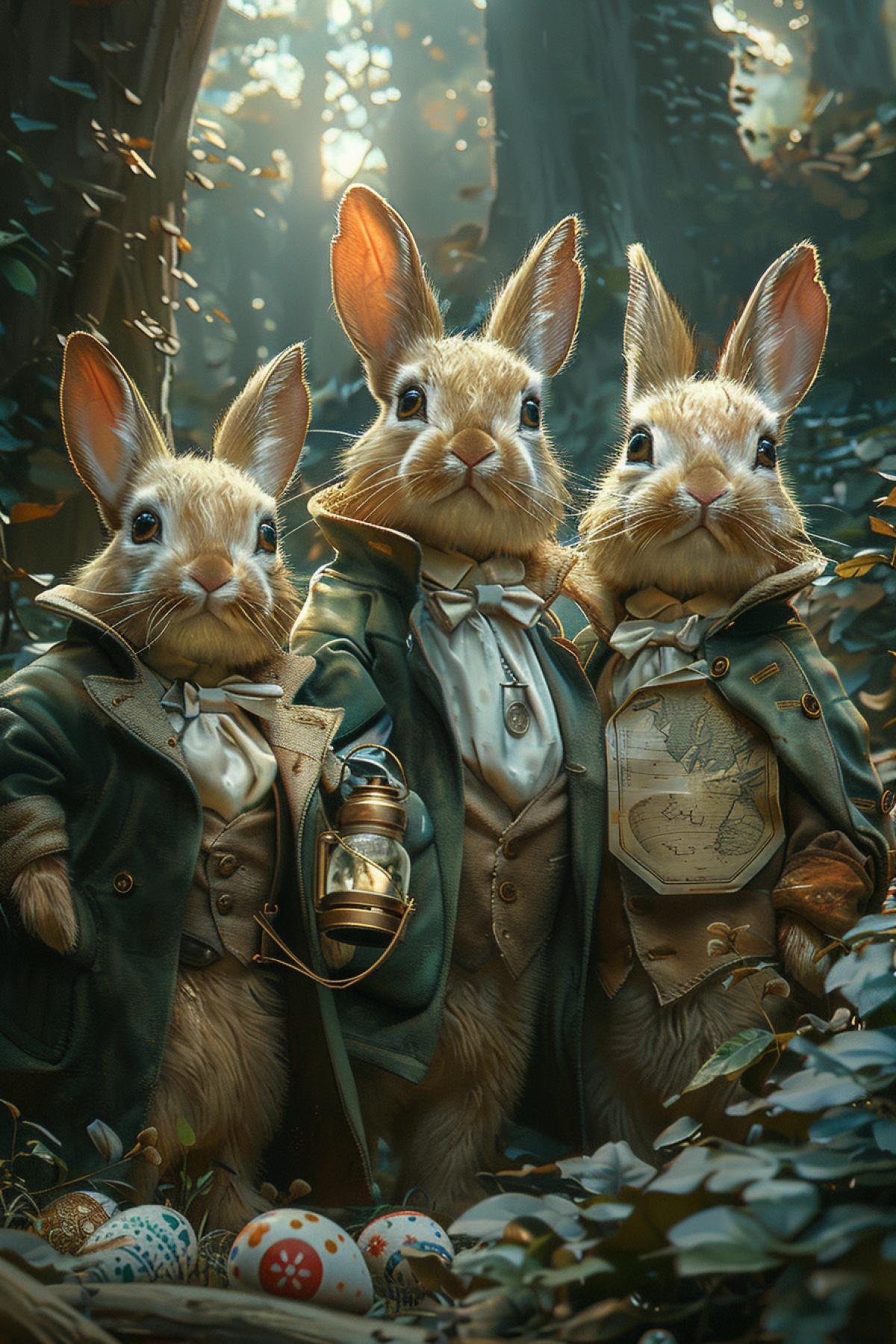 A serene and somewhat mysterious scene of a group of Easter Bunnies standing in a dense forest surrounded by tall, whispering pines. A worn, ancient map lies on a wooden table, illuminated by a small lantern. The bunnies are dressed in vintage, adventurous outfits, with Easter eggs and gobbets all around them. The atmosphere is one of excitement, anticipation and a hint of joy as the uncharted forest holds its secrets. Illustration, Painting.