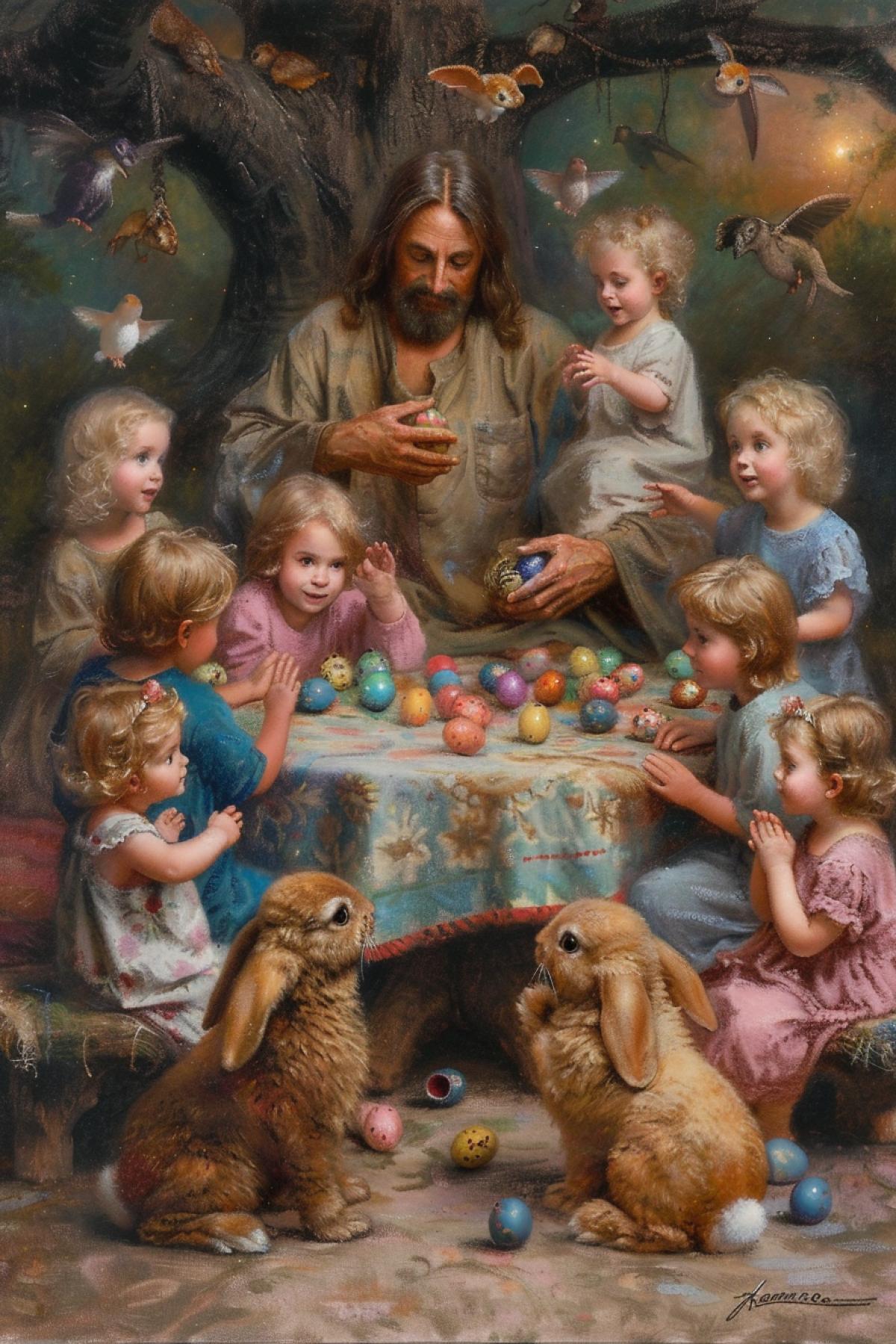 An evocative illustration of a serene banyan tree, its massive roots spread out like a natural canopy. Under its cool shade, a group of Easter bunnies sit on colorful woven rugs and listen intently to Jesus. Easter eggs are scattered around him. The atmosphere is filled with a sense of wonder and the eyes of the bunnies glow with curiosity and imagination. The sky is a stunning combination of orange and purple hues, and the first stars begin to twinkle, symbolizing the flight of dreams.