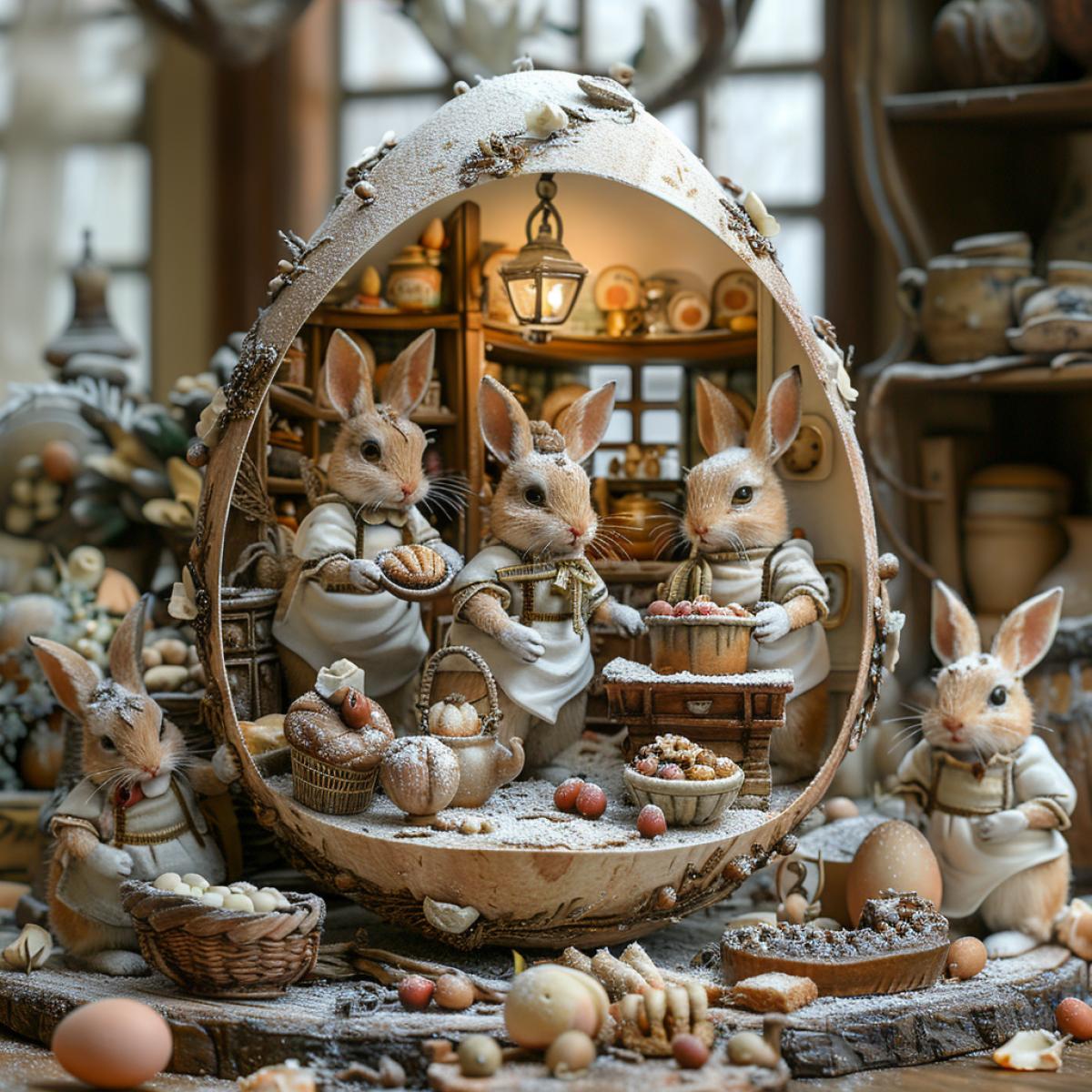 A whimsical and creative photo of a massive Easter egg, intricately crafted to depict a scene of cute, anthropomorphic bunnies in an old-fashioned kitchen. The bunnies are expertly baking scrumptious-looking Easter cakes, with a flurry of flour and ingredients surrounding them. The egg is adorned with intricate details and colors, making it a delightful and delightful conceptual art piece. The overall ambiance exudes warmth and cheerfulness, perfect for the Easter season. Photo, illustration, conceptual art.