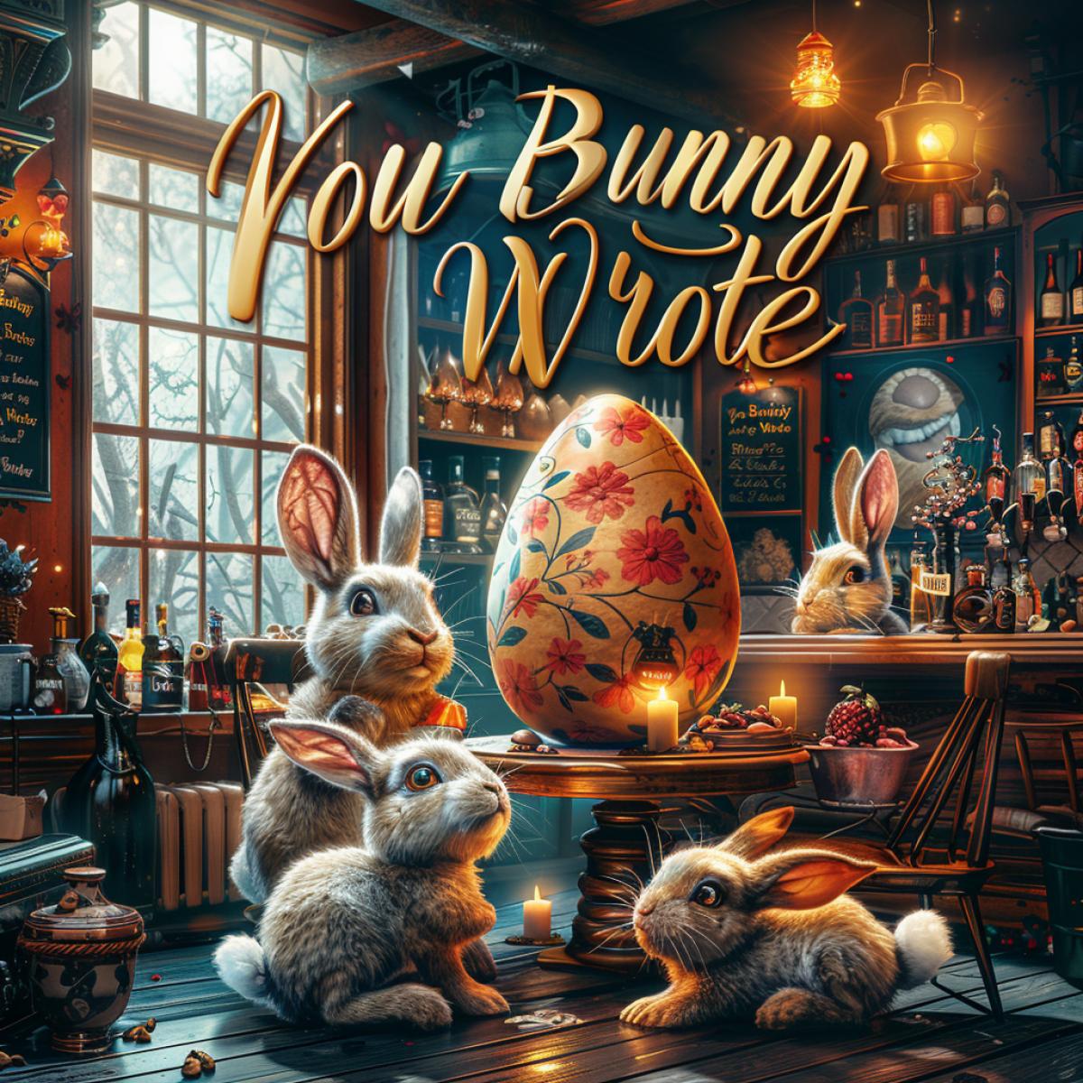 Easter party flyer with the text \"You Bunny Wrote\" featuring a large egg decorated in a vibrant floral style surrounded by little bunnies dressed as humans with a bar background. interior, with spring background, bright colors, bright illustration style, detailed.