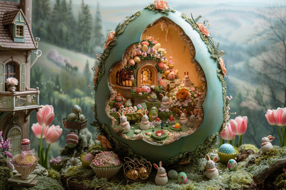 The image depicts an enchanting Easter wonderland. In the foreground, a giant, ornately decorated Easter egg sits cracked open, luxury a magical scene inside. Miniature Easter bunnies frolic among colorful spring flowers and glittering Easter eggs in a whimsical garden within the egg. Delicate tendrils of pastel-colored mist swirl around, adding an ethereal quality.. . Surrounding the giant egg are decadent Easter treats cupcakes piled high with fluffy frosting and sprinkles, gourmet chocolate eggs wrapped in gold foil, and a towering croquembouche tree studded with tiny cream puffs and drizzled with caramel.. . In the background, a field of vibrant tulips stretches toward a sunrise-painted sky, with soft rays of light illuminating a distant hill where a grand Easter celebration appears to be taking place, with banners, tents and joyful springtime revelry.. . The entire scene has a dreamy, nostalgic quality, as if captured on vintage 35mm film. The warm, glowing tones and soft focus ev