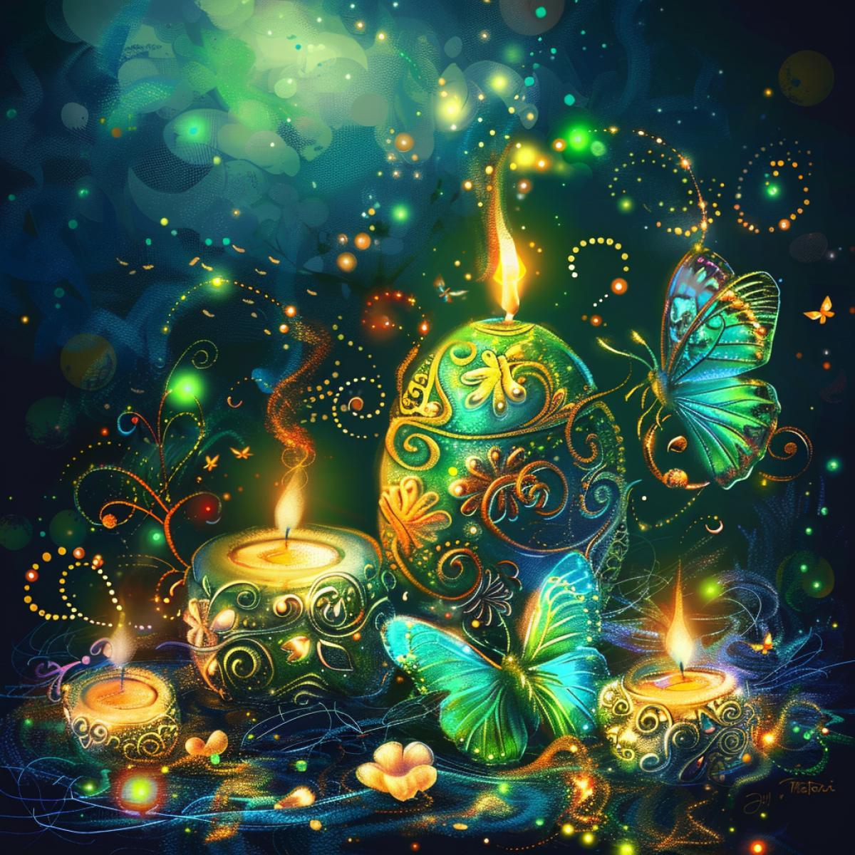beautiful burning candles, with fancy patterns and colors, curls, delicate flowers, gold and silver painted eggs, green and gold neon, gold sparks, soft internal glow of fire, blue Swallowtail butterfly, neon