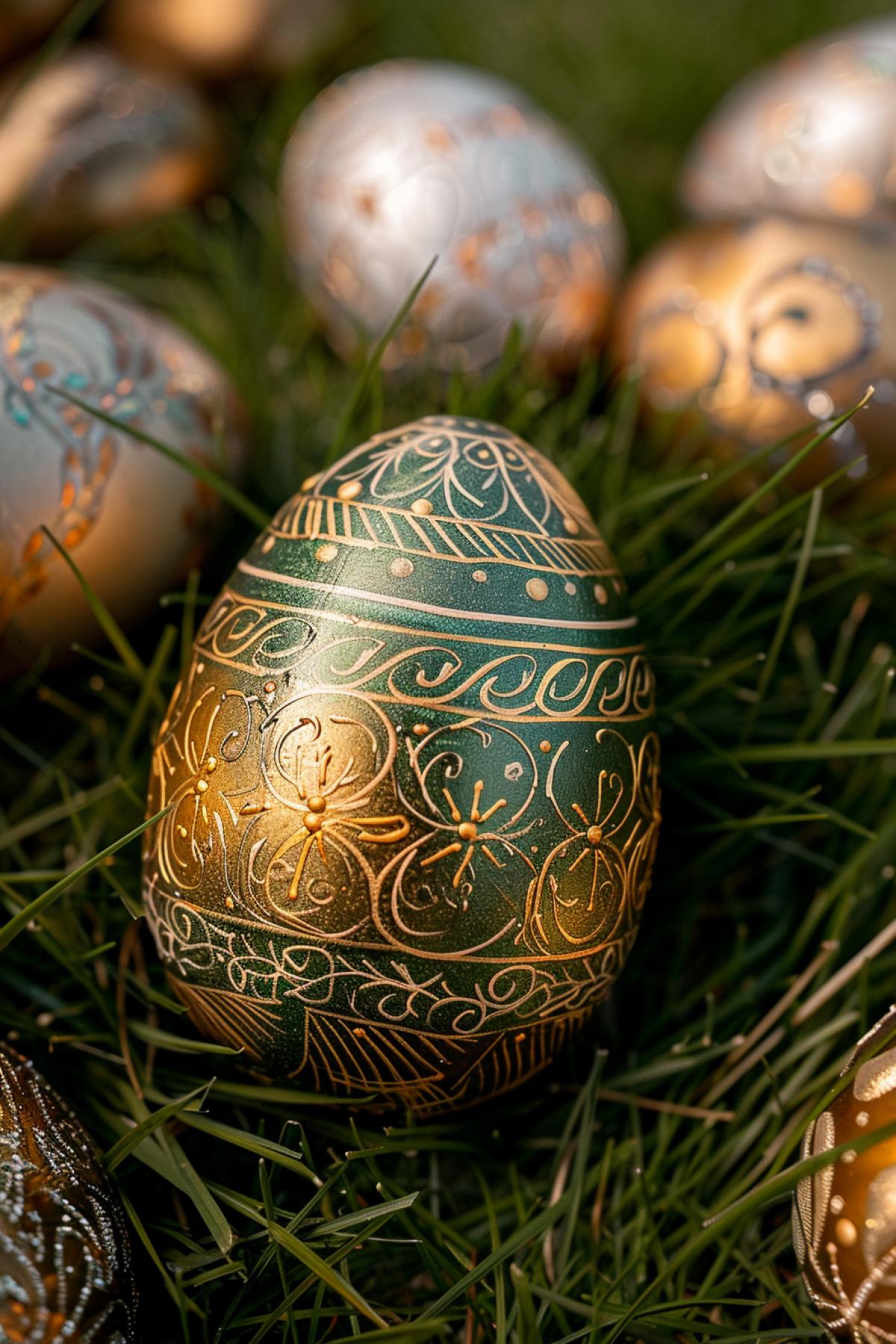 Painted Easter eggs in gold and silver on green grass, exquisite patterns on eggs,