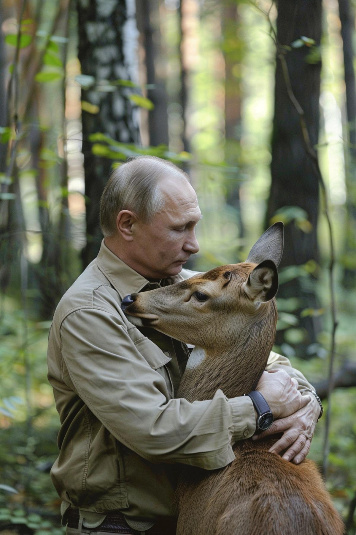 Putin in summer forest hugging the deer