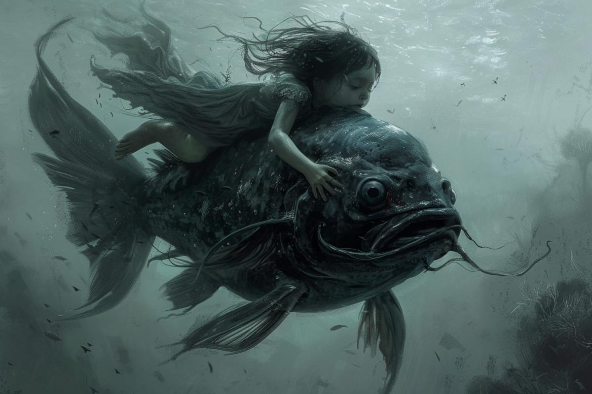 Johnny Wrights exquisite dark fantasy illustration depicts an adorable, fish-like creature holding a human.