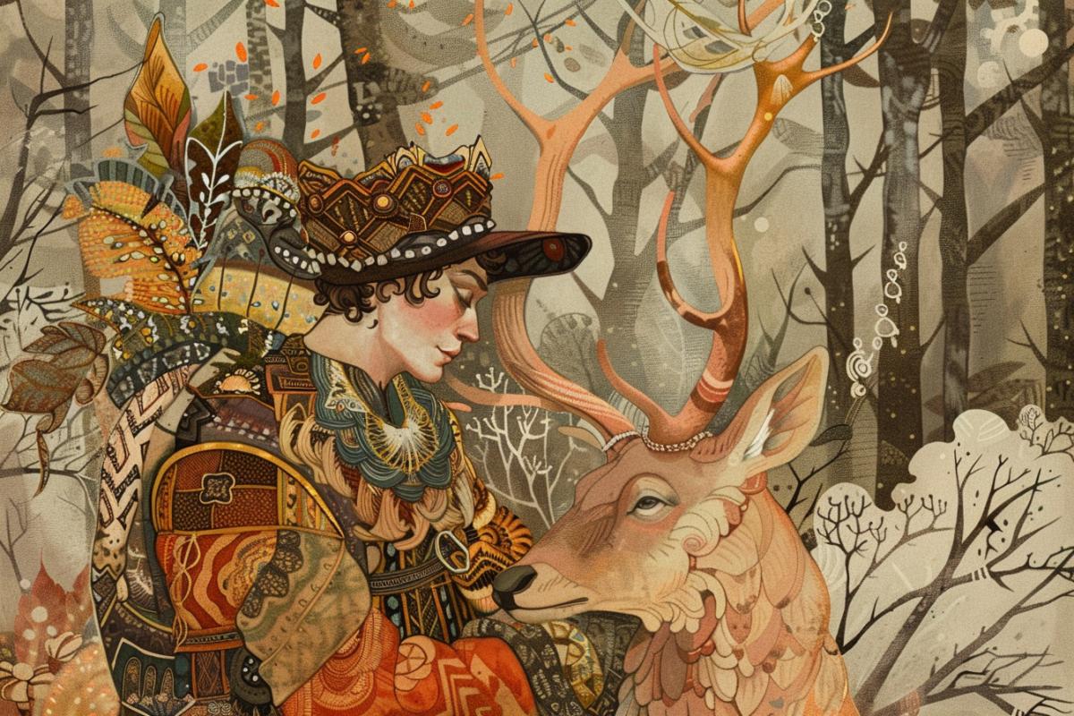 Whimsical fairy tale illustration of a joyful hunter or fisherman triumphantly posing with their animal trophy in a magical forest setting, painterly style, warm color palette, detailed textures, intricate patterns.