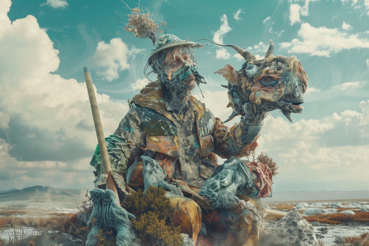 Surreal and bizarre image of a grotesque fisherman or hunter figure with distorted, melting features, posing with an unsettling, mutated animal trophy in a dreamlike, warped landscape, muted colors, highly imaginative and odd com4k.