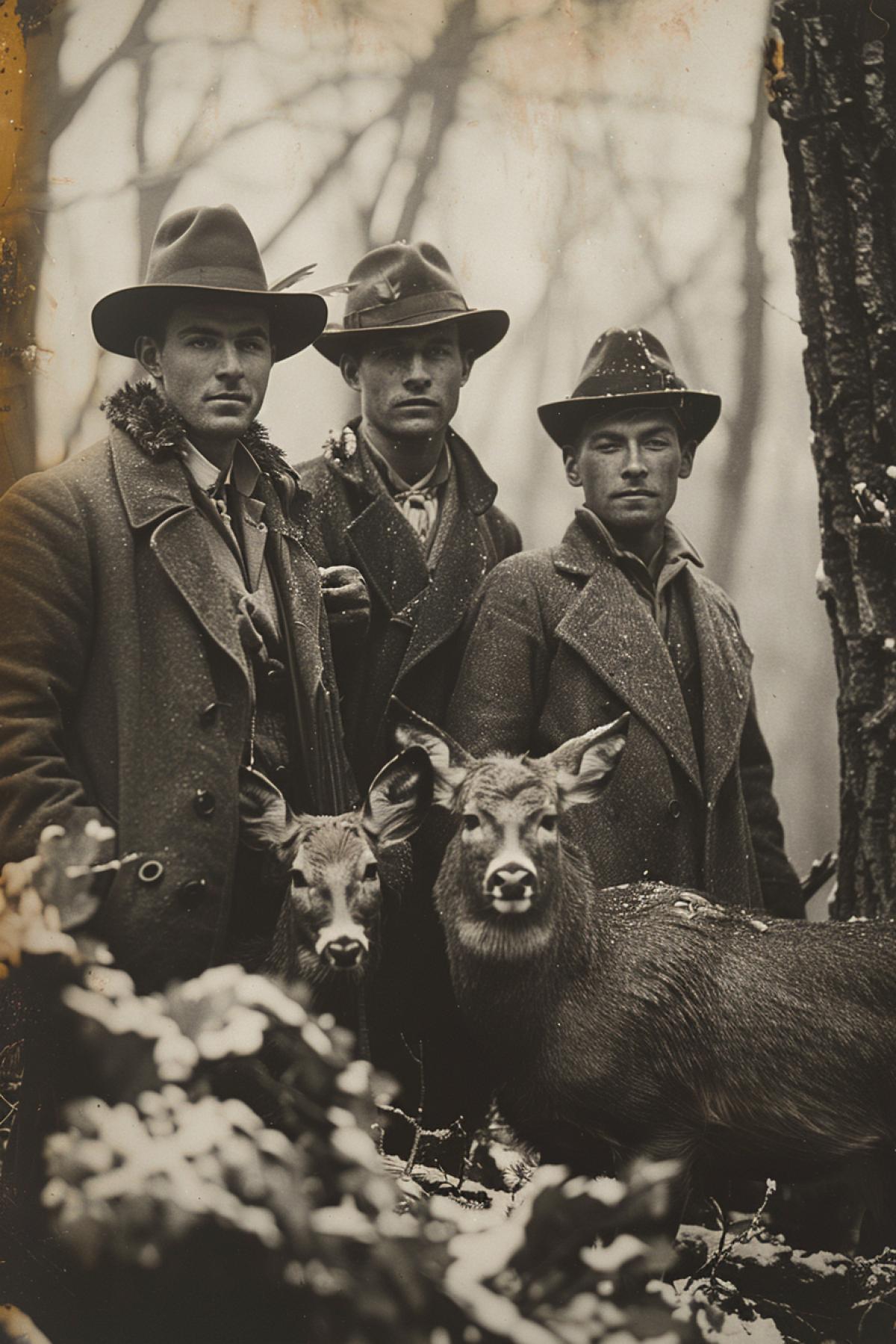 A vintage photograph from the 1950s of a group of hunters gathered around their impressive catch of deer and birds, posing in a rustic woodland setting, dark and white, grainy texture, soft focus, nostalgic mood, retro photography style, 4k resolution