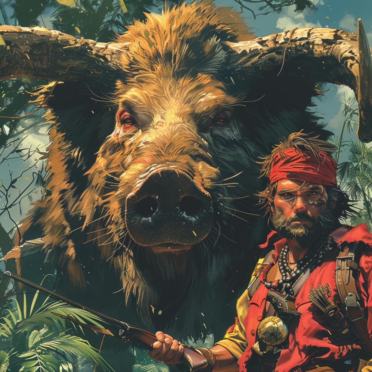 A comic book style illustration of a hunter posing victoriously with his prey, a giant boar, in a stylized forest with exaggerated proportions and bold outlines, bright colors, action lines, onomatopoeia text, comic book art style, 4k resolution