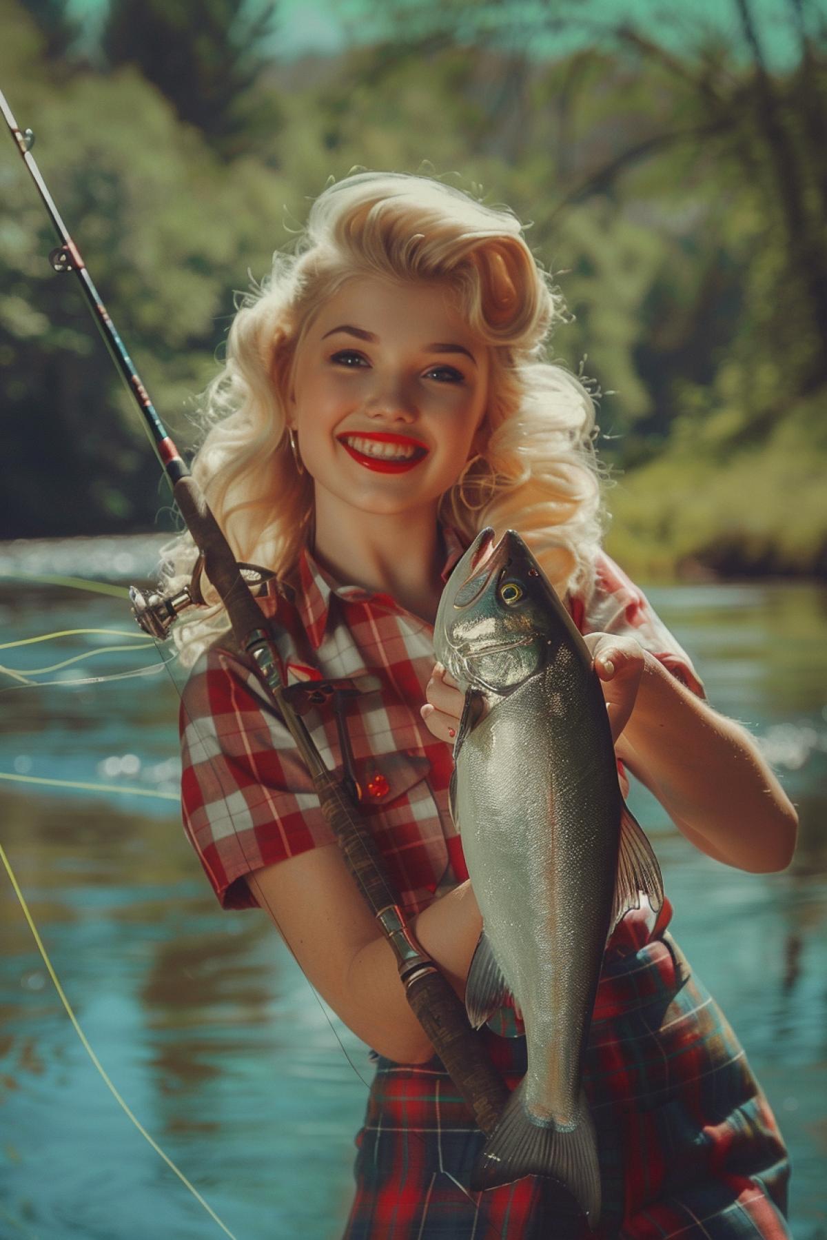 An image in the pin and up style of the 50s, a beautiful smiling girl with blond hair in a plaid shirt holding a large silver fish in one hand, a fishing rod in the other hand. Sunny summer weather, green forest and river on the background.