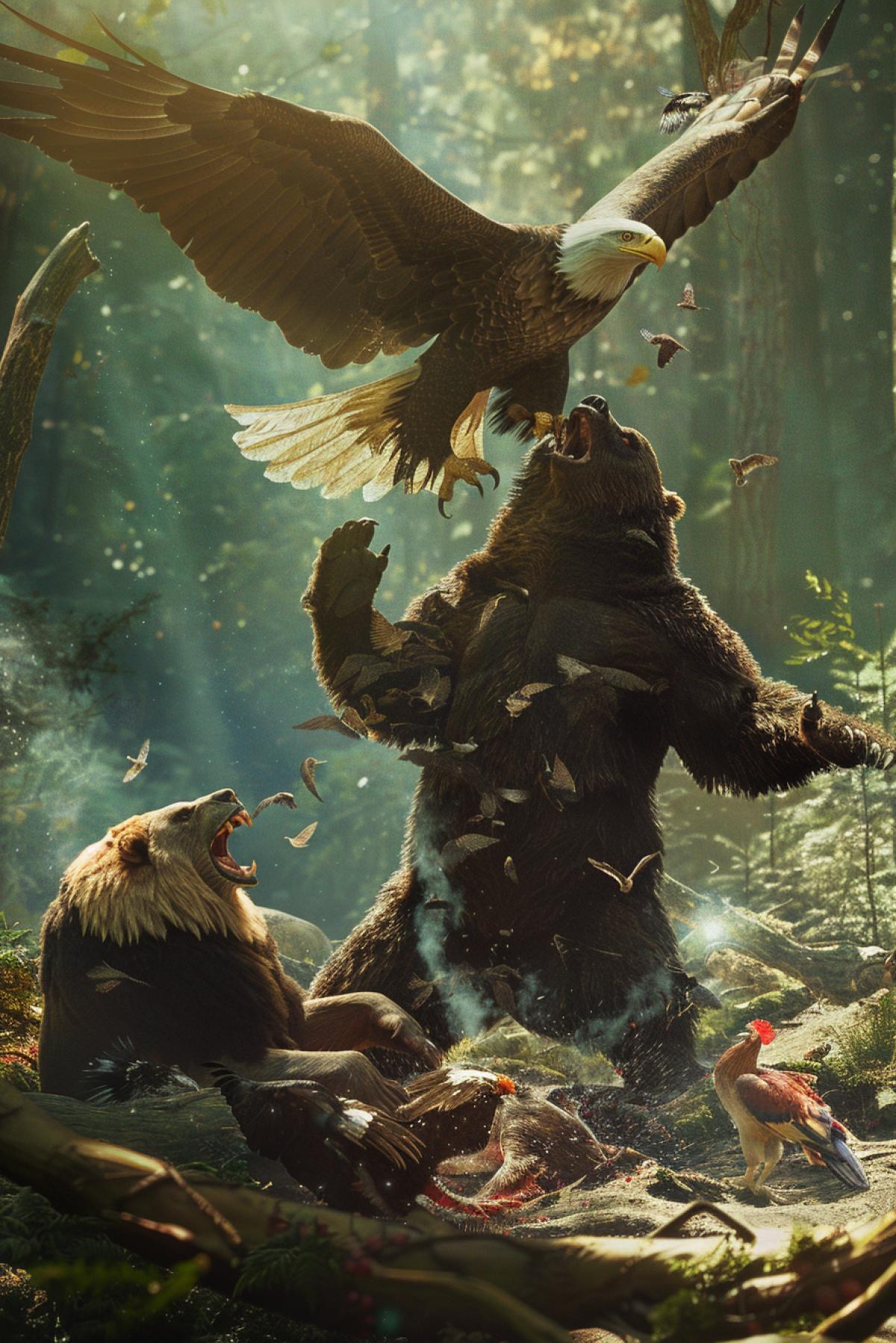 High quality photo in a forest clearing, Putin riding a bear in an epic 4k, lifted a bald eagle by the legs, in front of the bear lie a defeated lion, eagle, rainbow rooster... high quality, backlit.