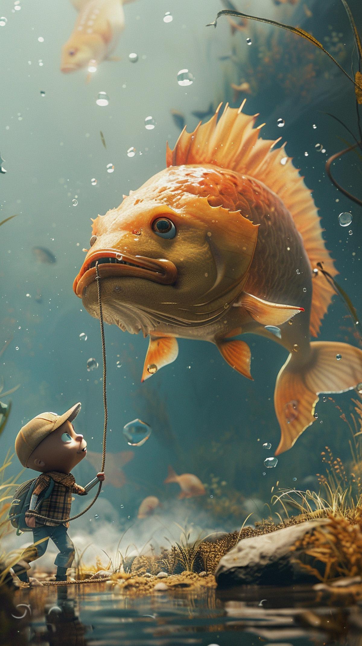 cute fisherman leads a big cute fish on a leash, pixar style, cartoon
