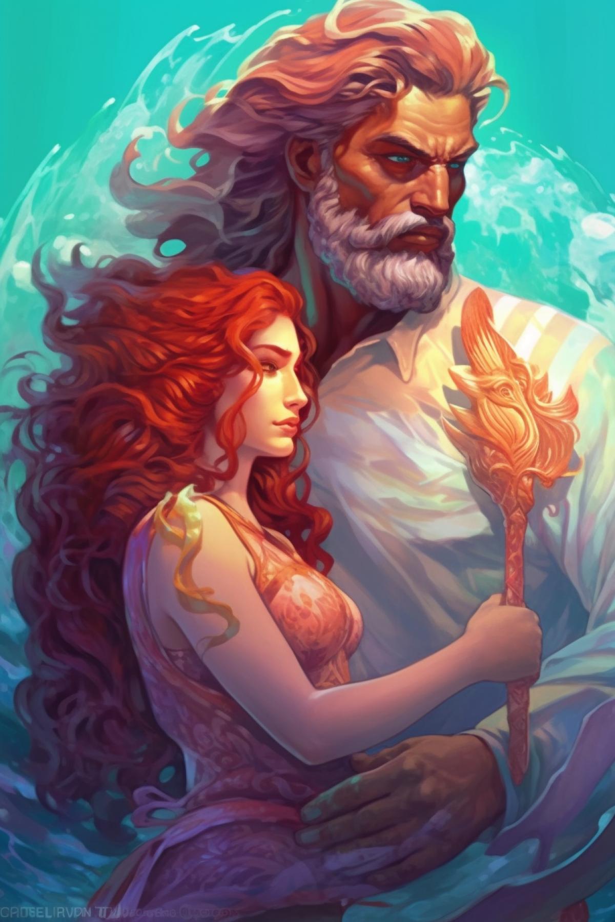 Hercules on Olympus holds Megara in the form of a little mermaid: realistic in warm shades