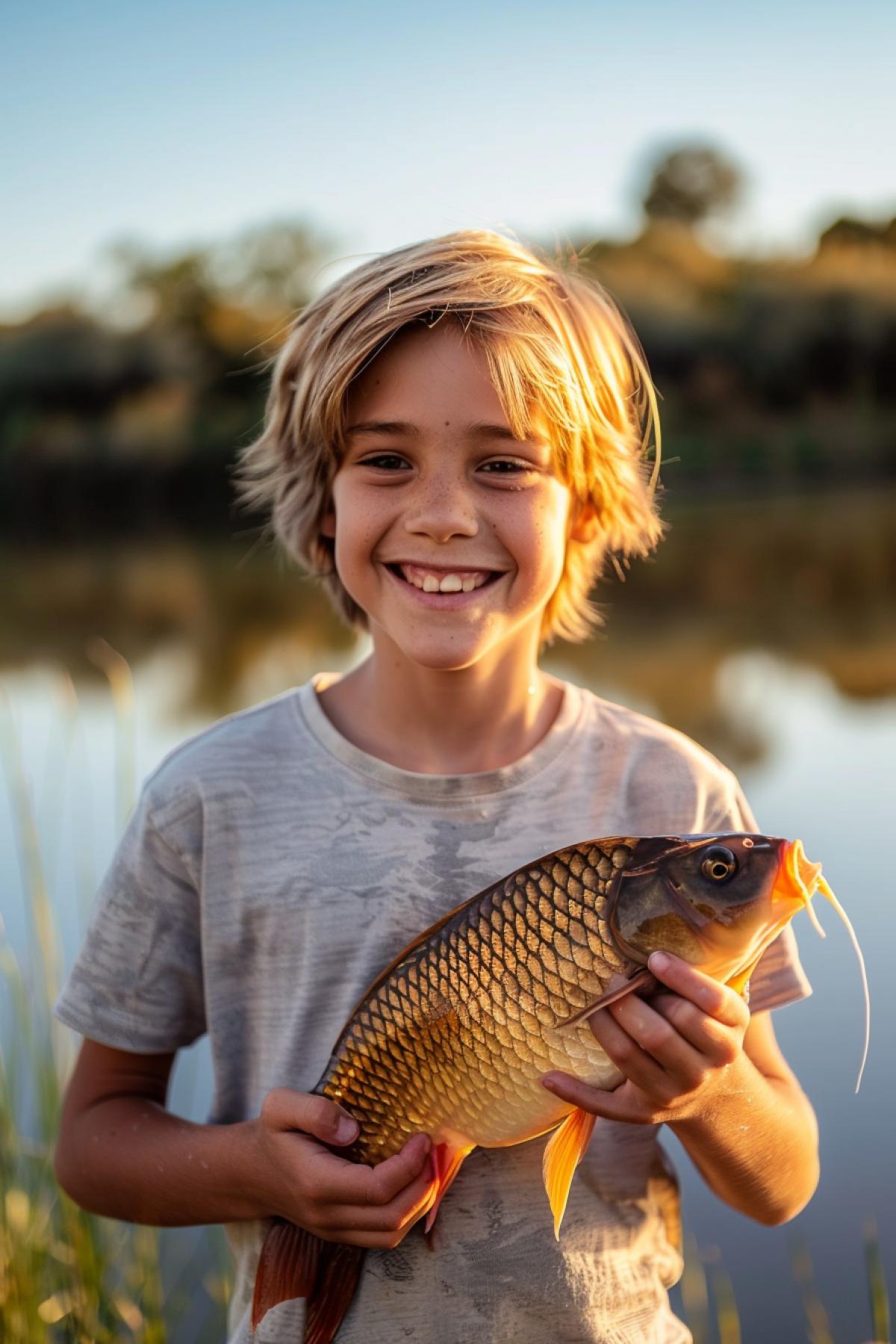 Photo on an iPhone, a boy smiling and holding a large fish in his hands, against the backdrop of a lake