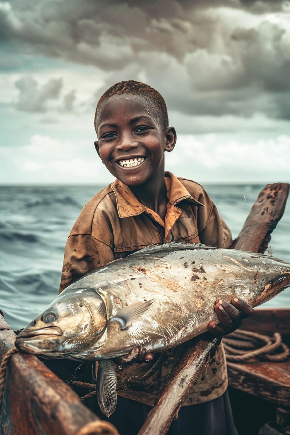 Photo on an iPhone, a boy smiling and holding a huge heavy fish in his hands, on a boat against the backdrop of the sea