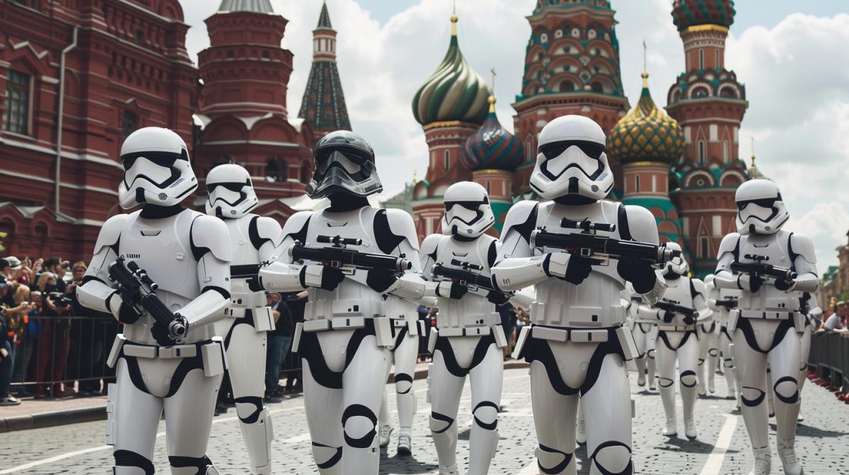 parade of stormtroopers from Star Wars on Red Square, amateur shot on an iPhone