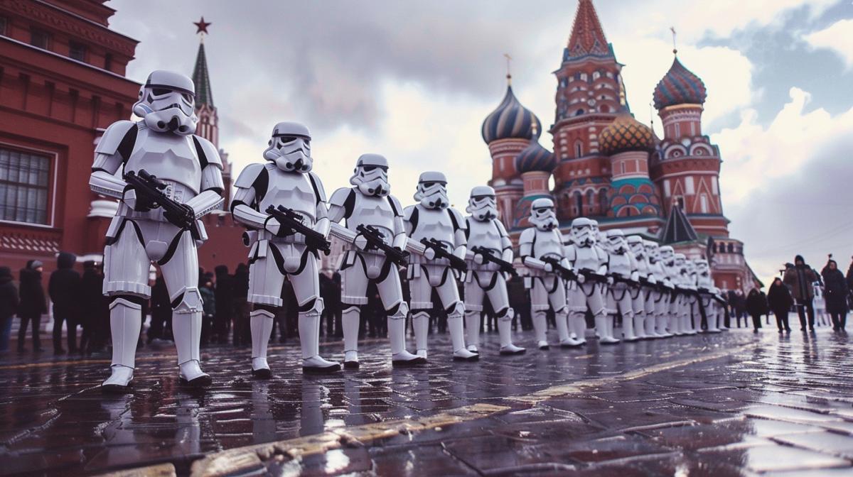 parade of stormtroopers from Star Wars on Red Square, amateur shot on an iPhone