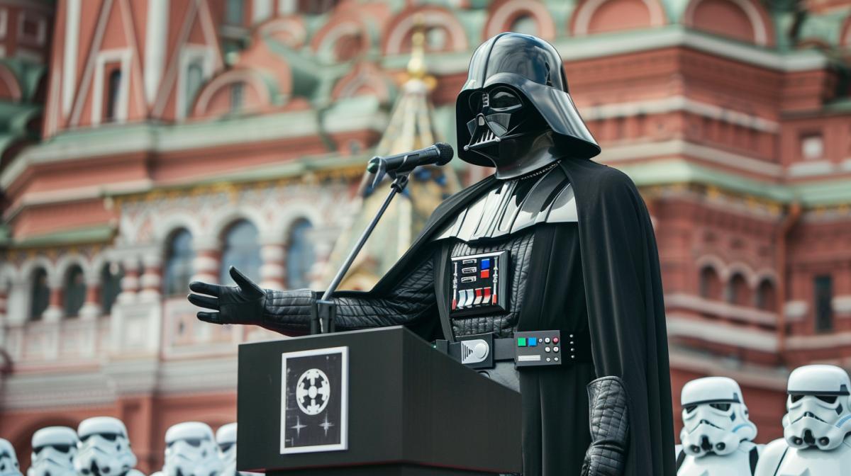 Darth Vader speaks from the podium at the parade of stormtroopers from Star Wars on Red Square, professional photo