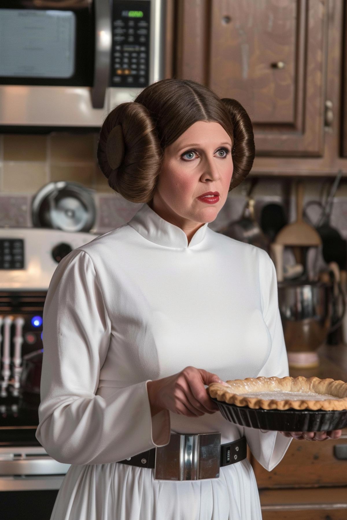 Princess Leia from star wars bakes pies in the kitchen
