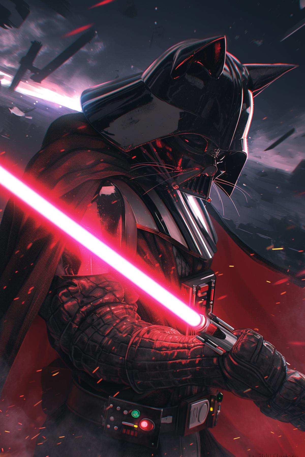 Darth Vader Cat, Cat Mask, star wars style, red lightsaber, in dynamics, highly detailed, packed with hidden details, style, high dynamic range, hyper realistic, realistic attention to detail, highly detailed, 32K, intense close ups, uhd image, realism, colorful realism