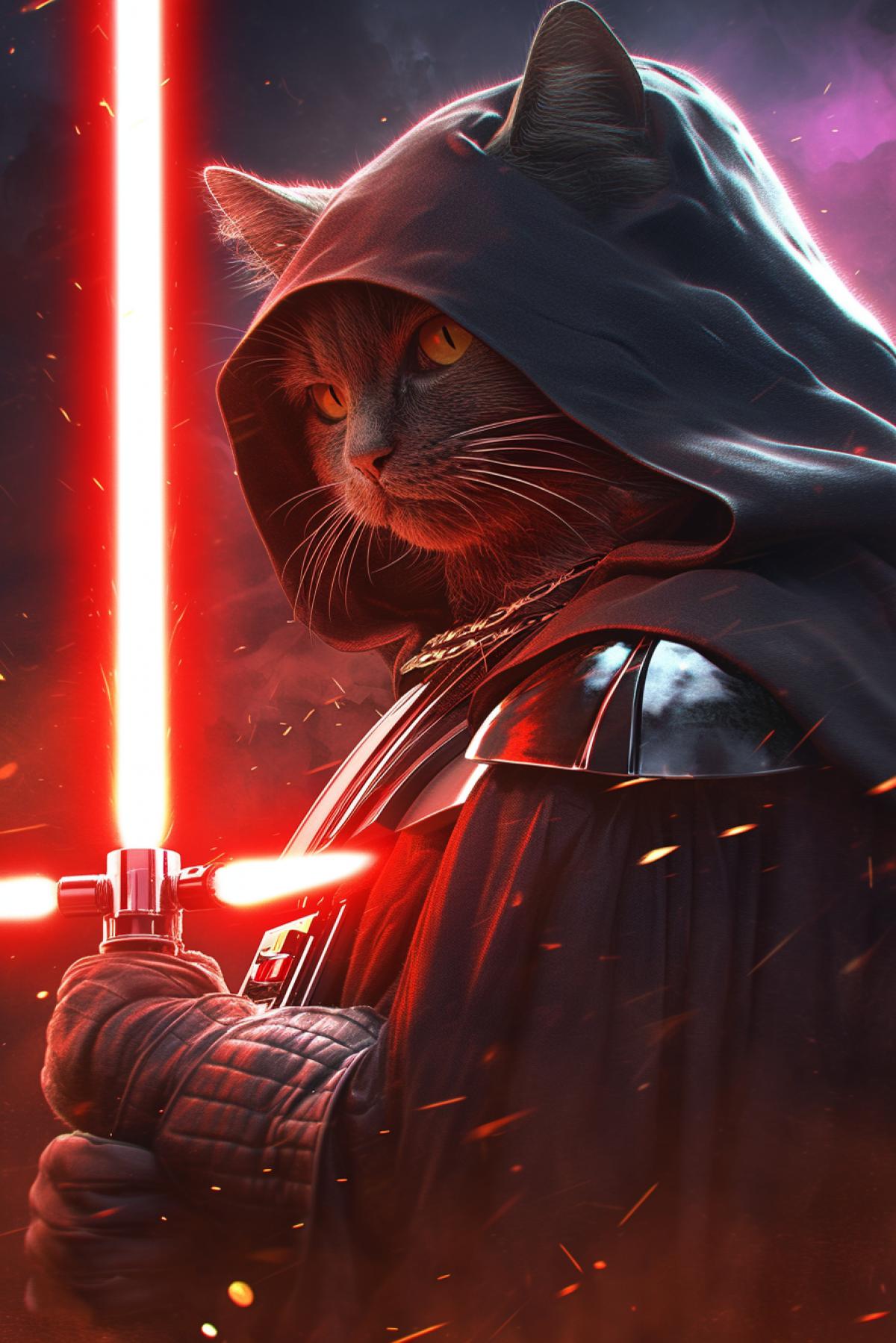 Darth Vader Cat, Cat Mask, star wars style, red lightsaber, in dynamics, highly detailed, packed with hidden details, style, high dynamic range, hyper realistic, realistic attention to detail, highly detailed, 32K, intense close ups, uhd image, realism, colorful realism, by Gerald Brom