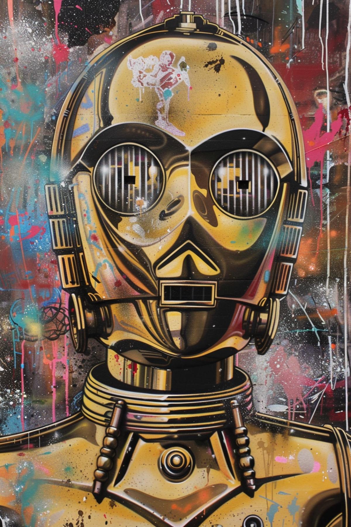 C-3PO from Star Wars in the style of Hebru Brantley, inspired by Street Art, Serendipitous and Psychedelic