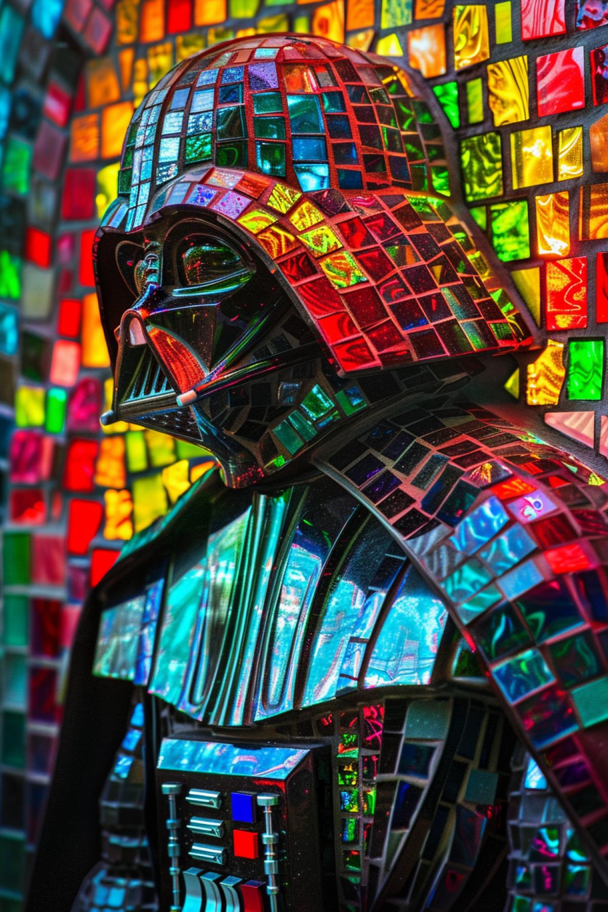 amazing colorful stained-glass mosaic with darth vader in star wars theme, back light, malachite