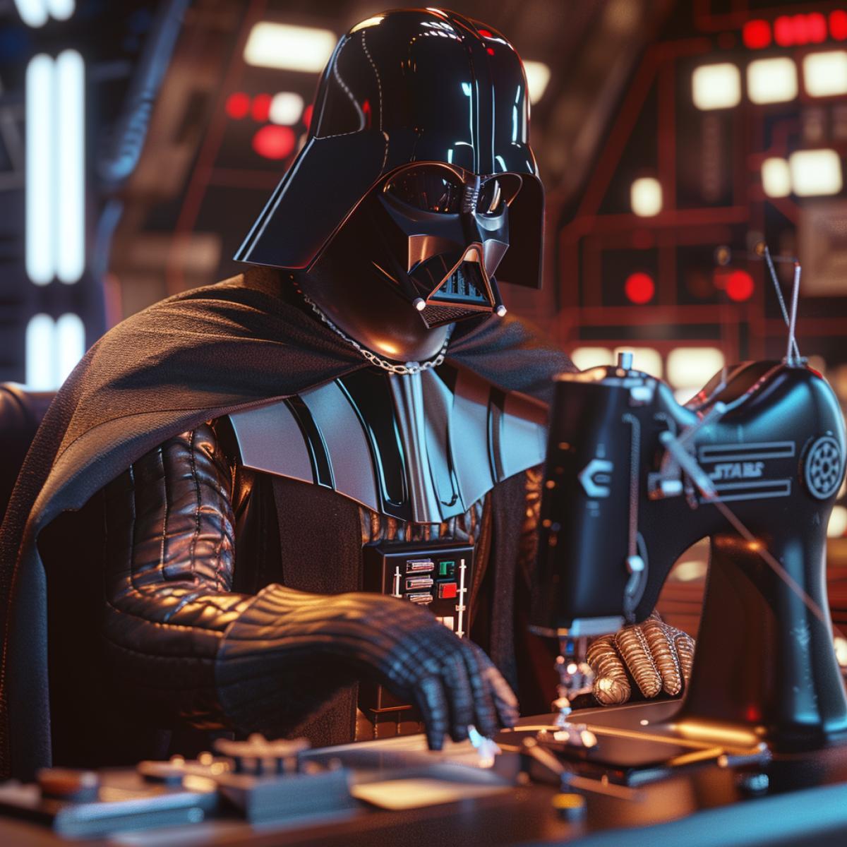 Darth Vader using a sewing machine, 1970s Star Wars details, photorealistic, 8K, cinematic lighting