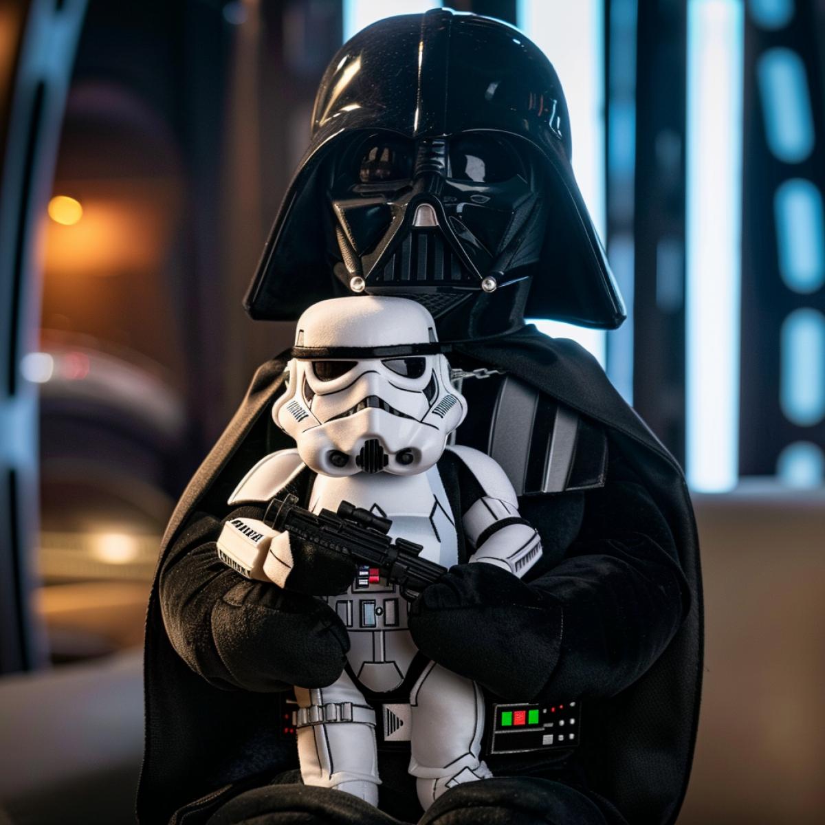 Star Wars, Darth Vader holding a Imperial Stormtrooper as a plushie