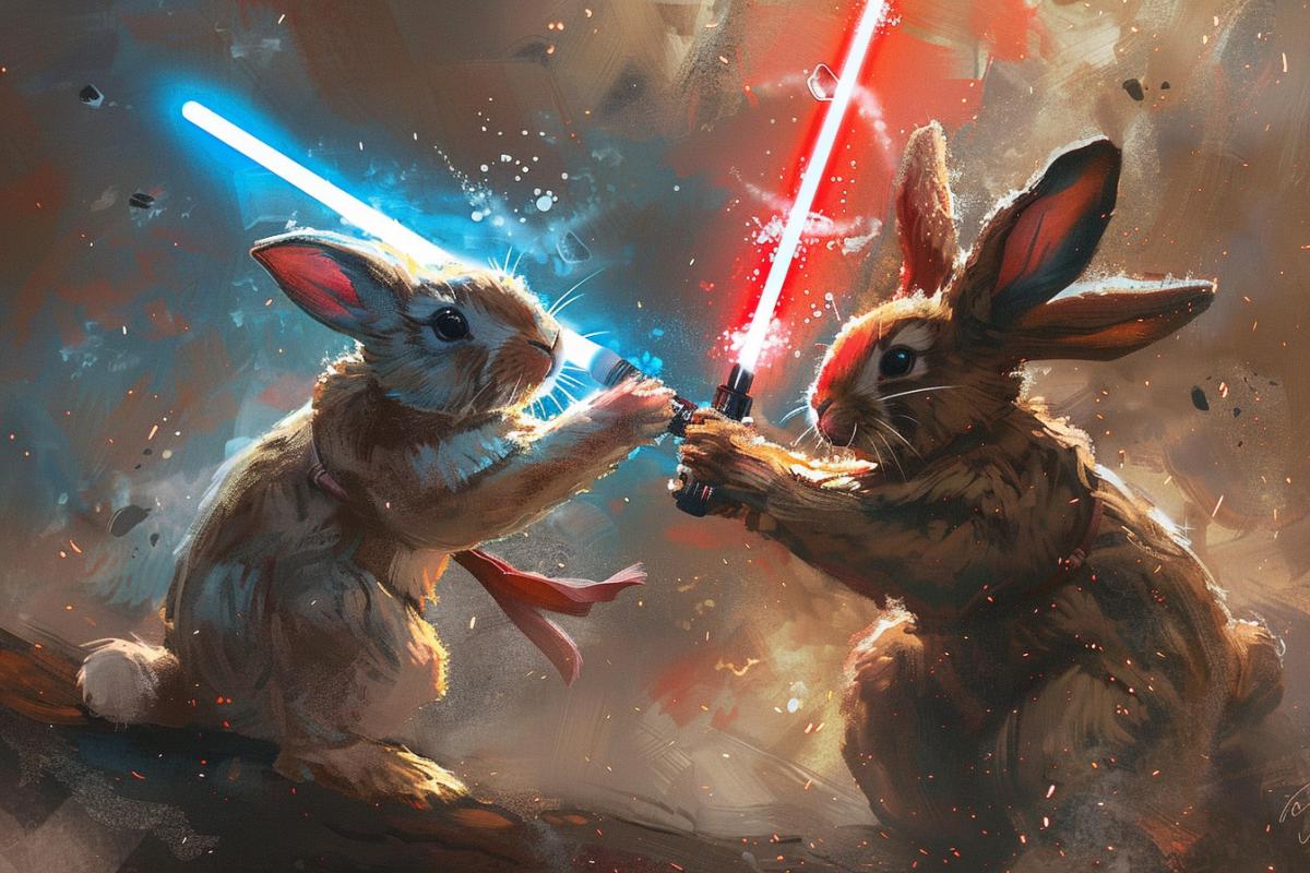2 rabbits fight with lightsabers, on the planet, star warriors style