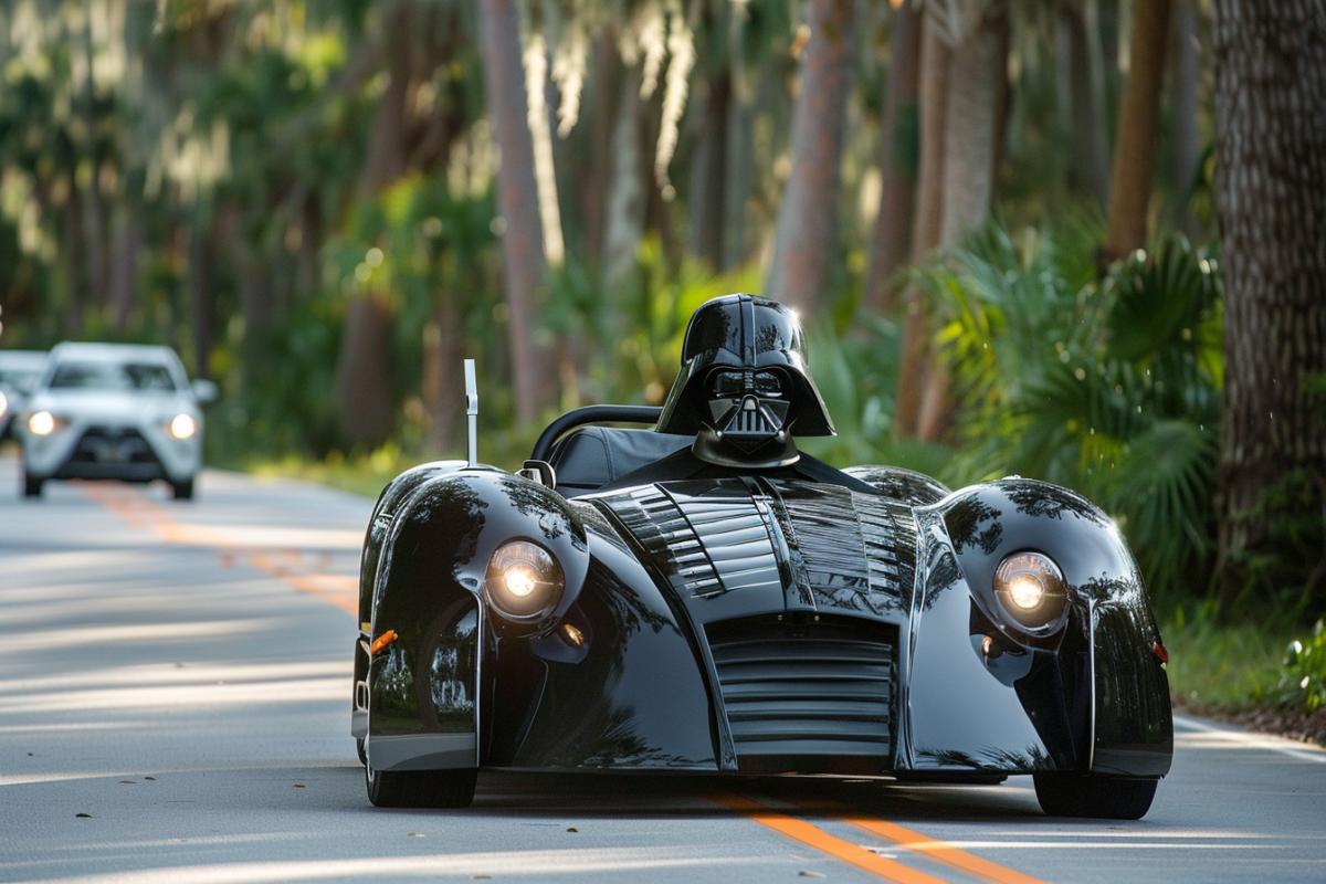 A car with Darth Vaders face drives down the road