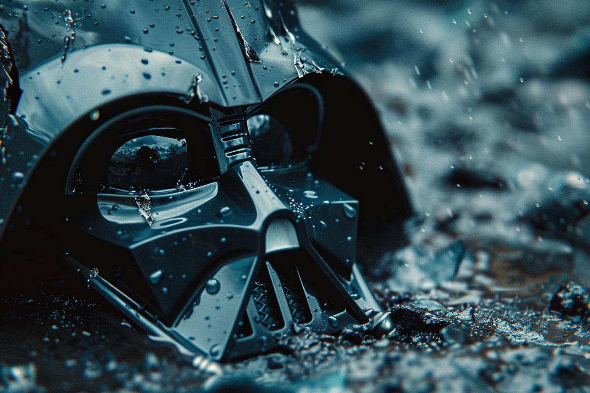 Darth Vaders Shattered Mask, close up, dark theme, rain