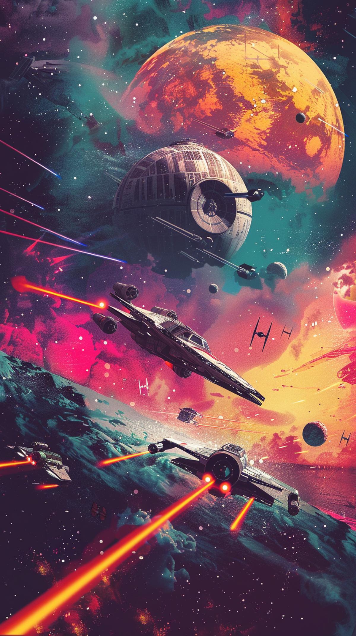 colorful struggle of interplanetary ships in the universe. in the style of the movie star wars