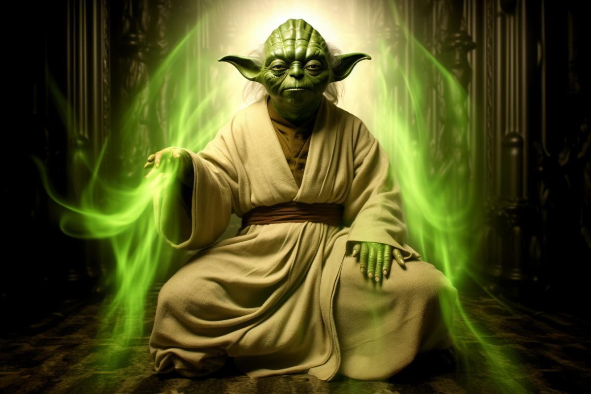 Meditating Master Yoda levitating against the background of the forest in the lotus 4k, Star Wars