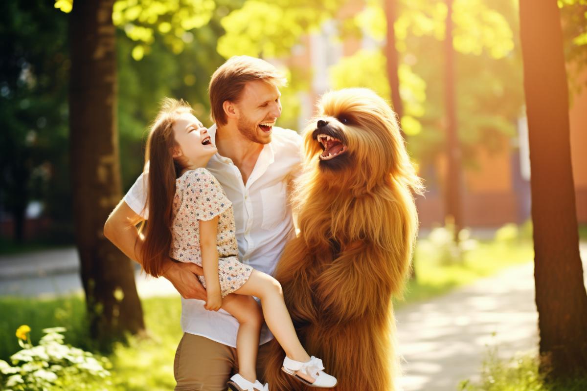 Star Wars character Chewbacca with his wife and daughter, who have braids, ribbons and bows in their hair, happiness, joy