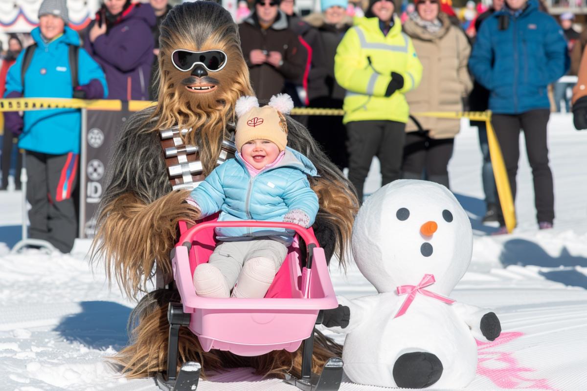 Star Wars character Chewbacca with his wife and daughter, who have braids, ribbons and bows in their hair, happiness, joy