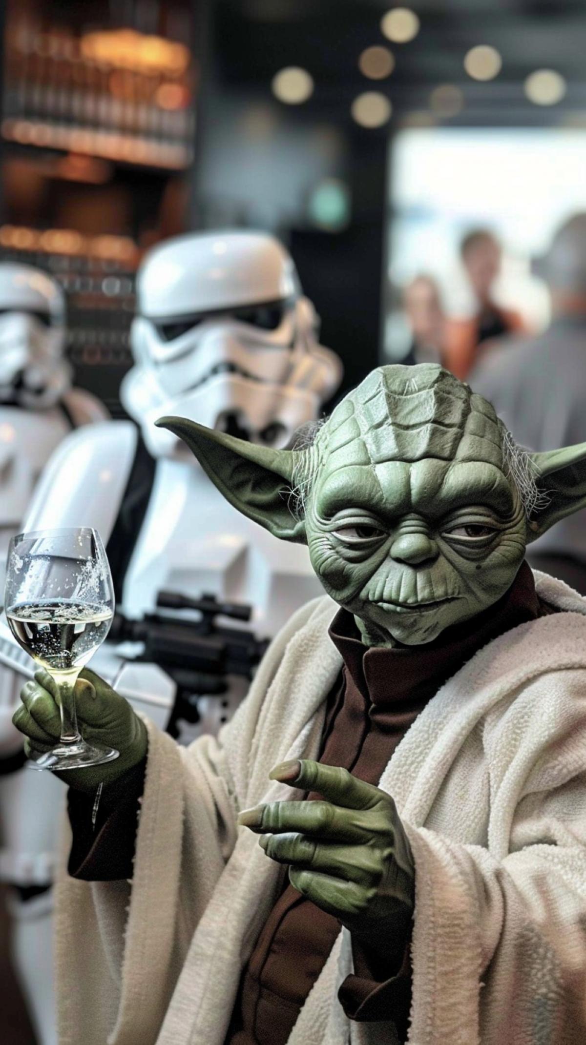 Master Yoda having fun at the Imperial Stormtroopers party, celebrating the end of Star Wars.
