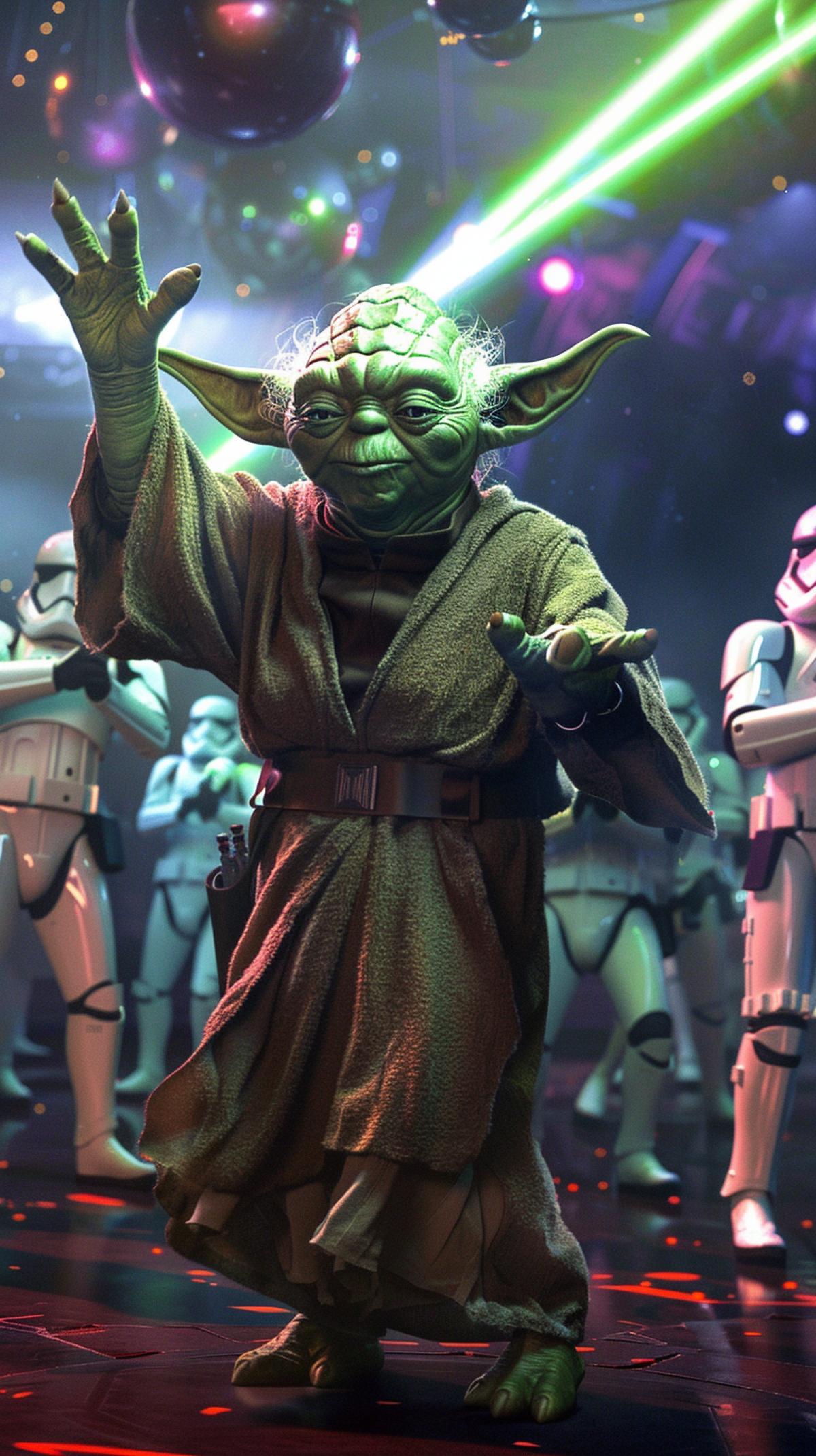 Master Yoda having fun at an Imperial Stormtroopers party, nightclub, everyone dancing, celebrating the end of Star Wars.