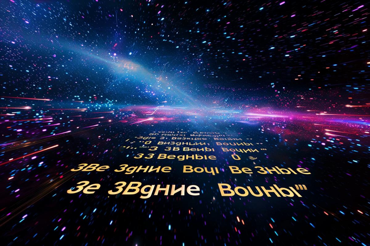Unreadable text in beginning of movie arranged like classic StarWars intro as solid text block sliding into eternity multiple mixed words \"3Be3gHbIe BouHbI\" on the background of beautiful starry multicoloured cosmic space