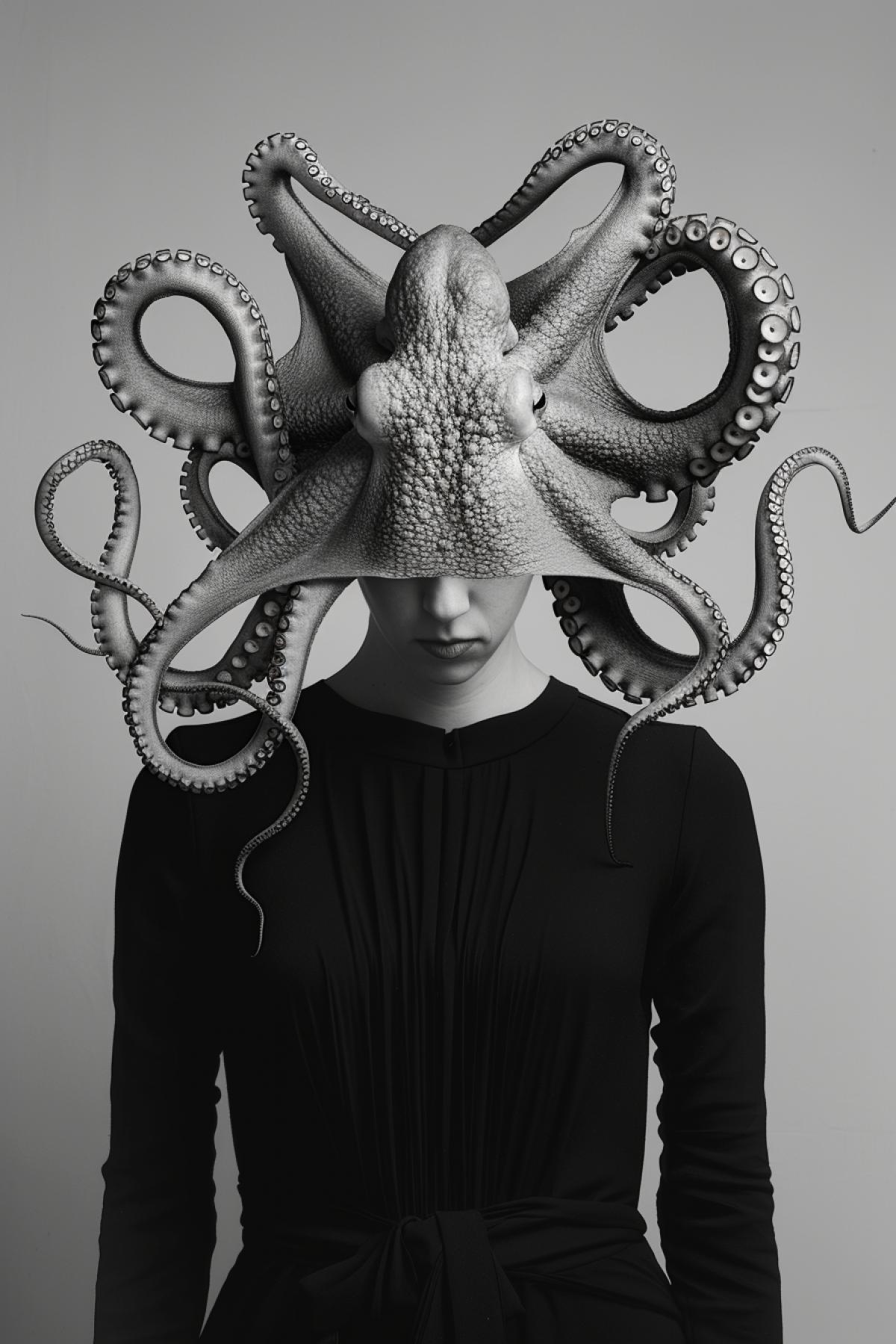 a simple minimal striking photograph of a woman with an octopus on her head, sharp focus surrealism