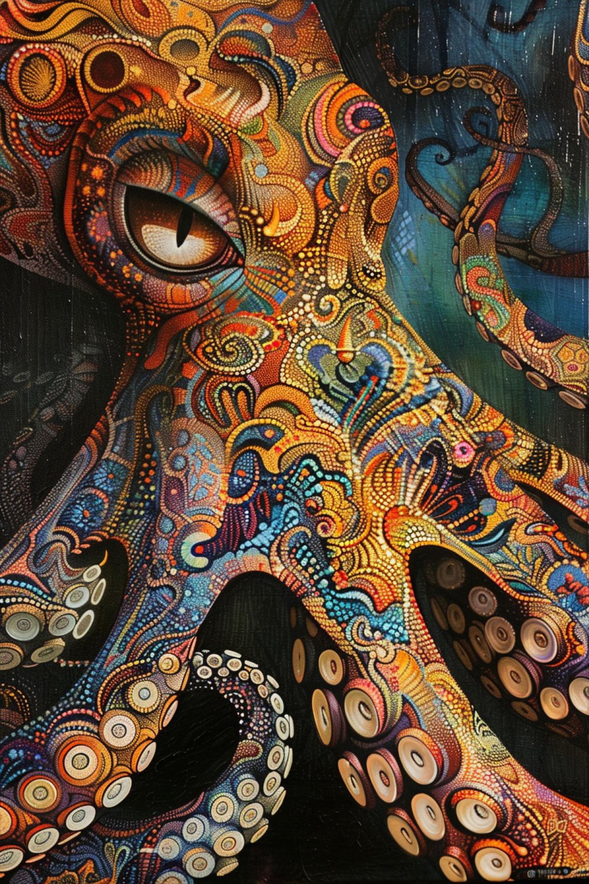 Vibrant Fine Art Pointillism Engraved into dark Metal, Surreal portrait, Octopus with long flowing colorful tentacles, Hundertwasser and Soulages, hyperrealism, textured depth, tarot, vivid interplay of light and shadow
