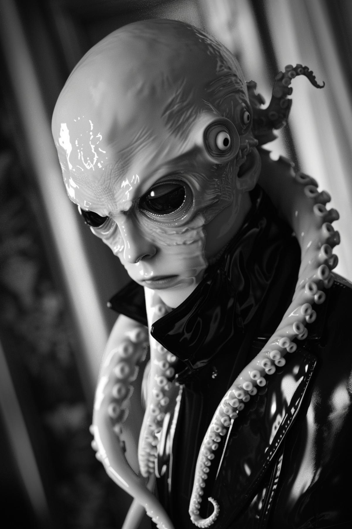 fashion photography,helmut newton style, half short japanese phantom/half octopus,with white face,posing at random situation, the 1970s, photography taken by kodak film camera. ultra realistic,face highly detailed, 8KHD,cinematic,
