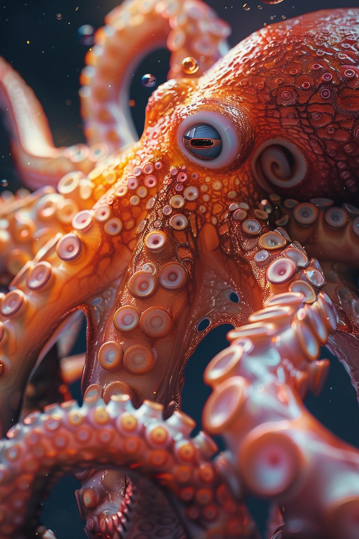 octopus, incredible, orange and light creamy colors, photography, Extreme detail to the max, 40K, DMT, concept art, art, aftereffects, masterpiece, sony a7r III, high quality, hyper-realistic, intricate, full details, ultra sharp, low down shot, wide angle:: highly detailed, epic ,a portrait lots of lights, extremely intricate, volumetric light, octane render, unreal engine, 23k creative