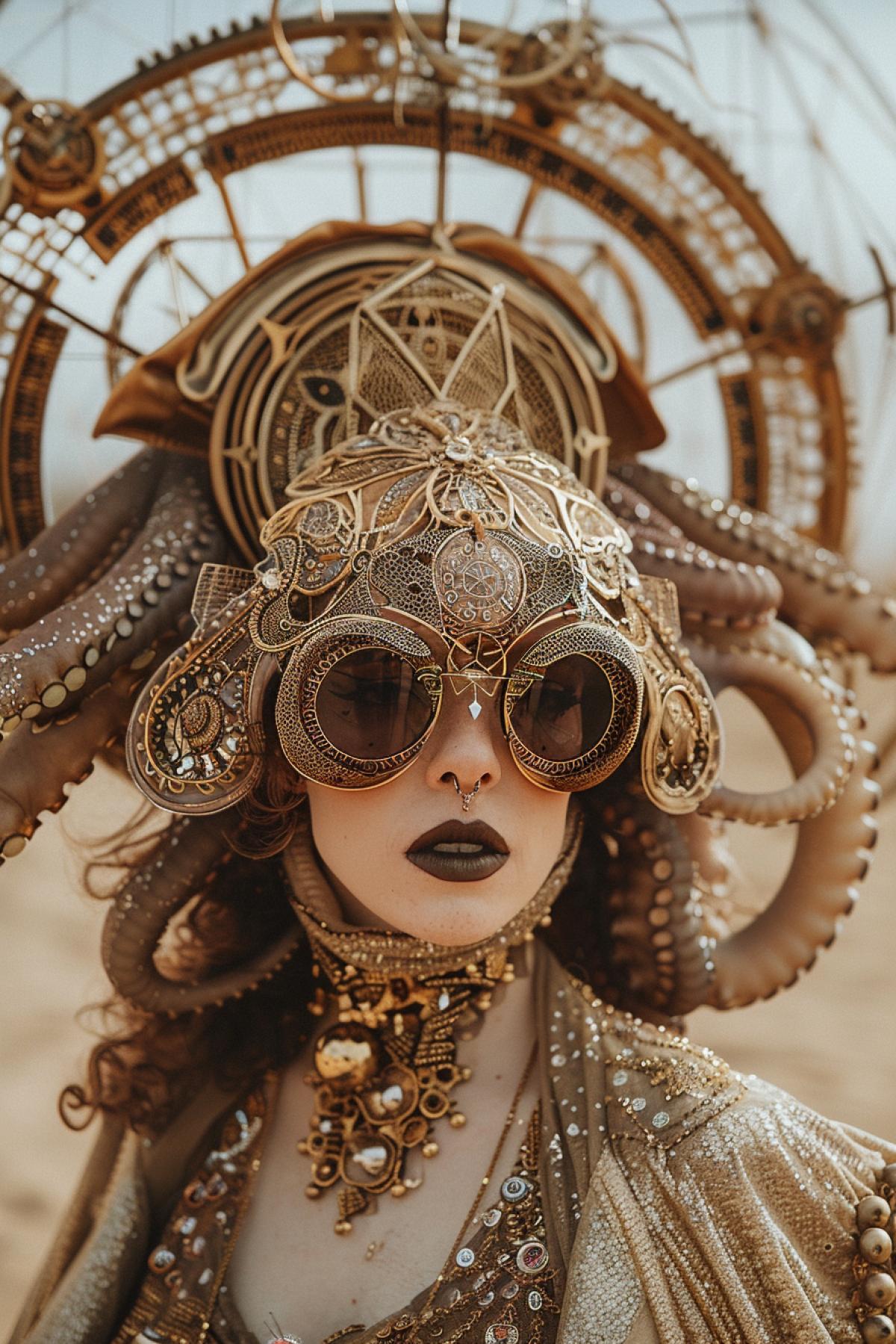 closeup portrait, jellyfish hat, lava octopus astrolabe glasses, gold intricate filigree headdress, steampunk, forestpunk, evilpunk, goodpunk, noideapunk, **vogue photoshoot, beautiful model wearing astrolabe headdress mask, and astrolabe inspired metal dress, walking in dusty desert, ****a massive spinning armillary sphere spaceship entering a gigantic astrolabe stargate, opening a portal, starry sky, galaxy, space scene, planets, cinematic, soft lighting, golden hour,