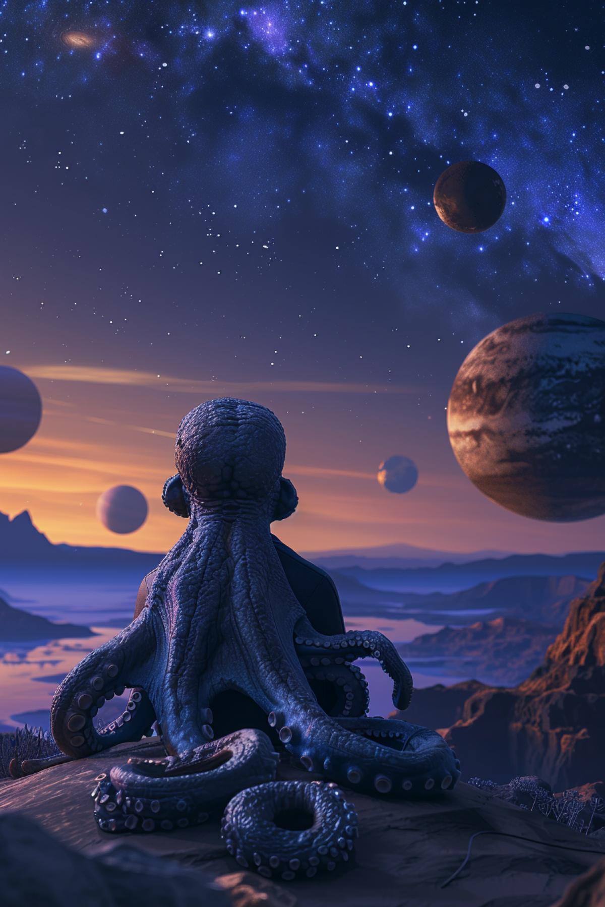 an alien octopus looking at the starry sky with melancholy where several planets of other races are seen, he is thinking of colonizing other worlds, cel shaded, detailed, overloking planets, landscape, realistic, 8k