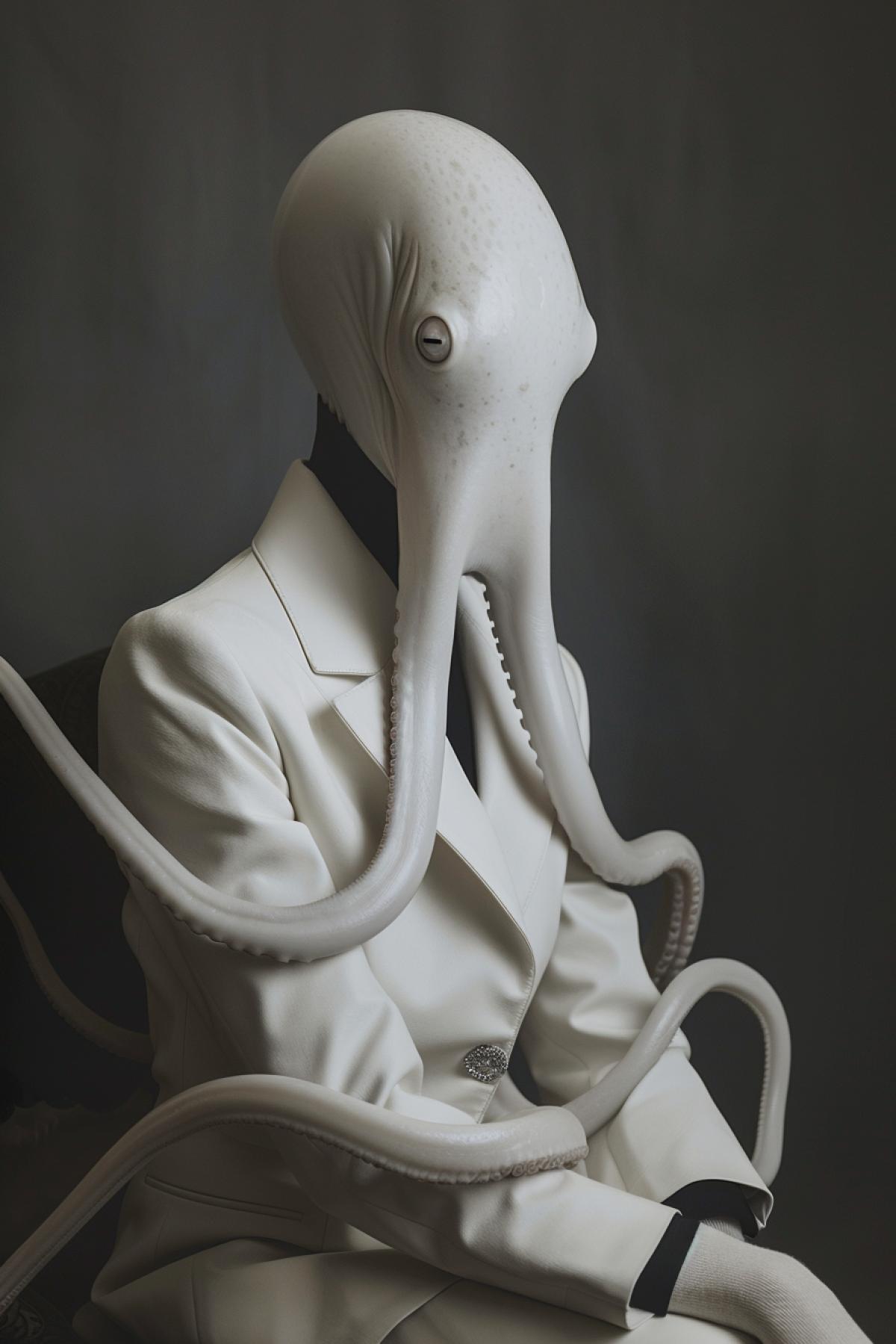 fashionable gloomy portrait of ethereal nuclear alien octopus, North America, vantadark and gray, minimalistic design, futuristic, smooth forms, minimal details, givenchy, photographed by Romina Ressia, film still from Wes Anderson, award winning photography, arty 4k, fashion, 200mm, HD, f/2.0, highly detailed, accurate